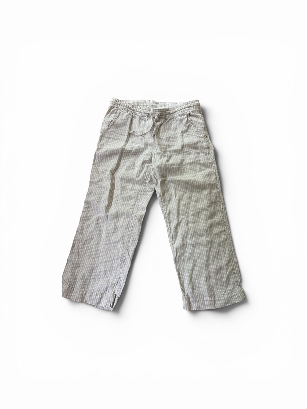 L.L.Bean Cream and White Striped Linen-Blend Elastic Waist Pants
